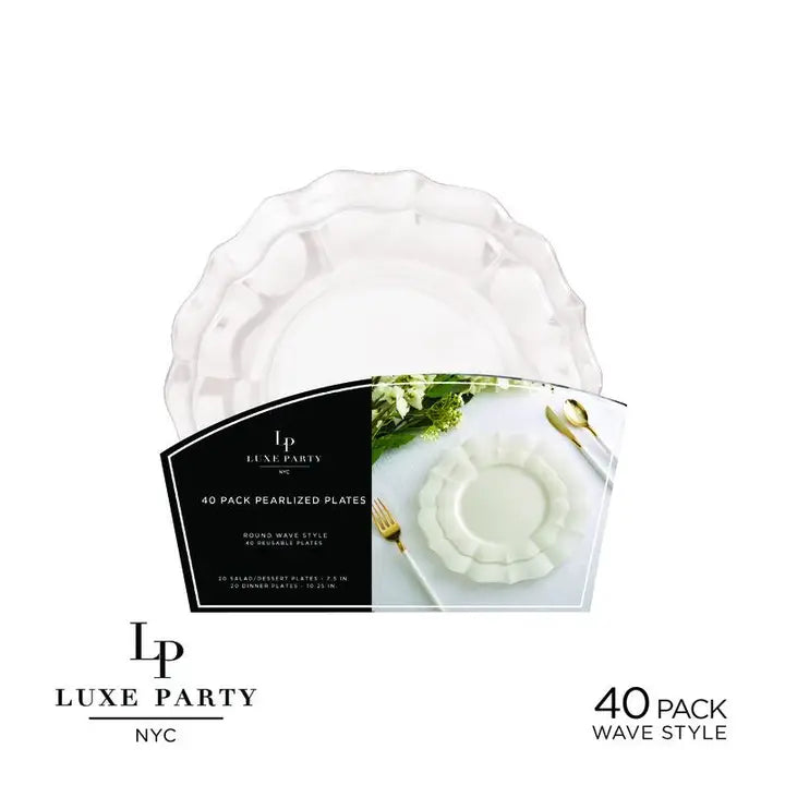 Pearl White Waved Plastic Plate Set | 40 Pack