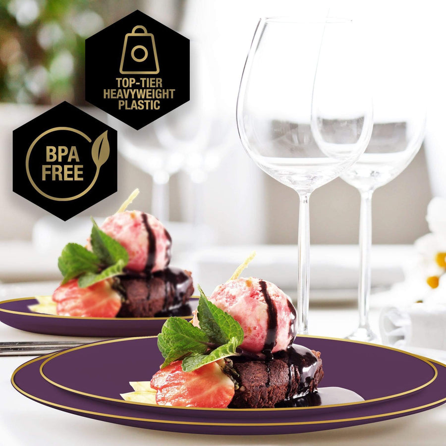 Round Purple • Gold Plastic Plates | 10 Pack
